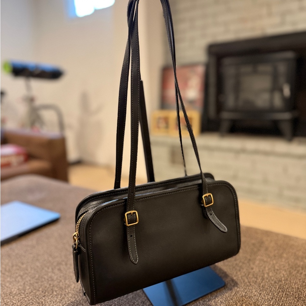 Black Leather Double-Strap Shoulder Bag - Picture 2 of 4